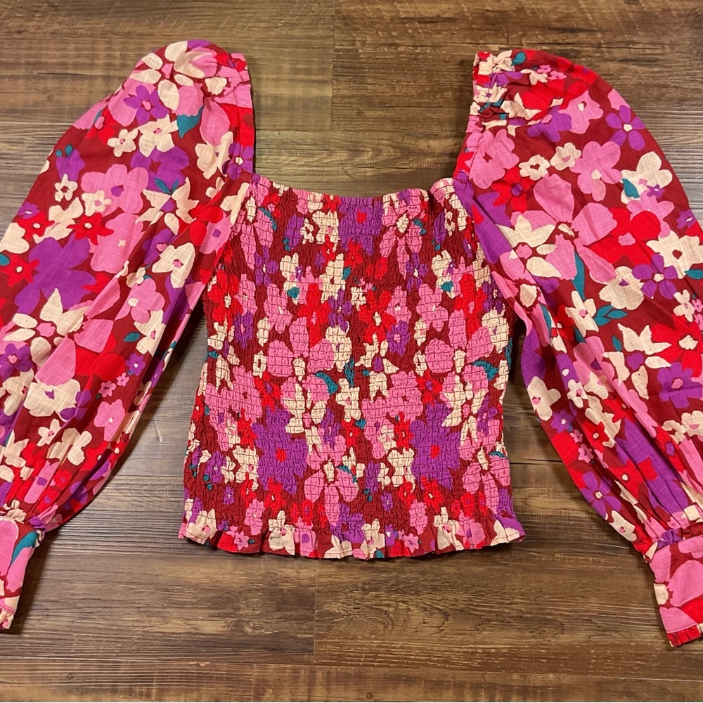 Free People Ariana Pink Floral Smocked Puff Sleeve Sz Small